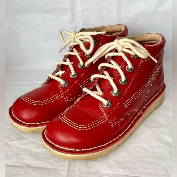KICKERS Ankle Boots UK 4 Kick-Hi Red Leather with Box/90s/Mod/80s/Casual/Classic - Picture 1 of 14
